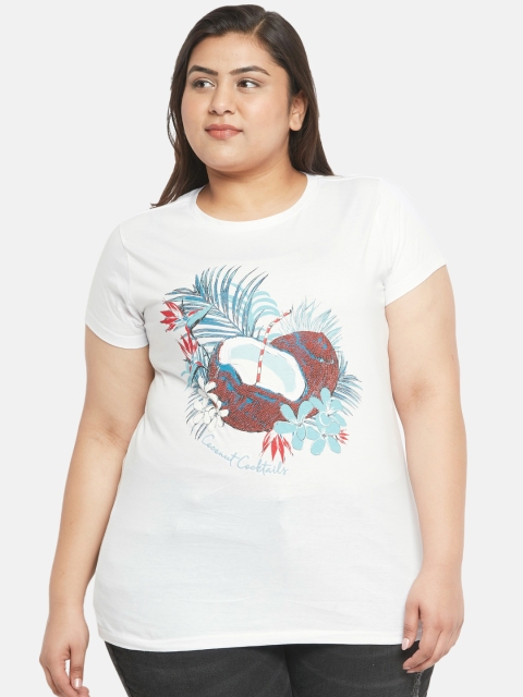 

aLL Plus Size Women White Printed Round Neck T-shirt