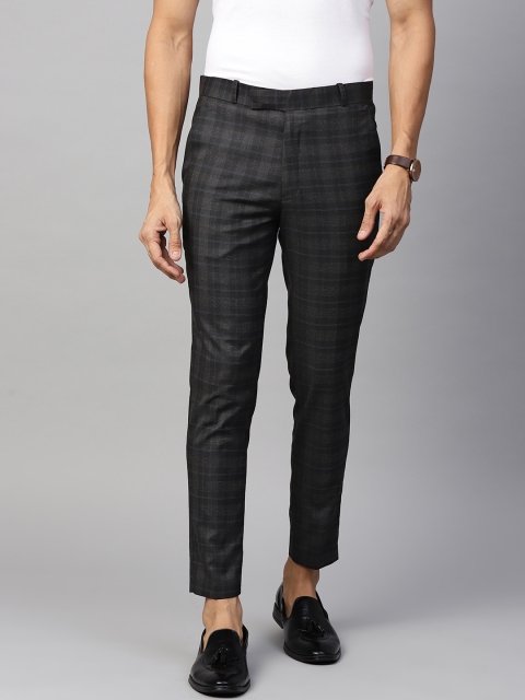 

DENNISON Men Charcoal Grey & Black Smart Tapered Fit Checked Cropped Regular Trousers