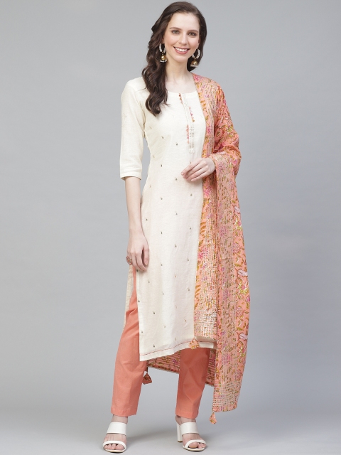 

Readiprint Fashions Off-White & Coral Orange Gotta Patti Unstitched Dress Material