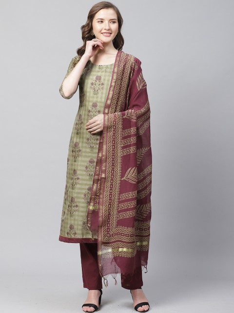 

Readiprint Fashions Olive Green & Maroon Unstitched Dress Material