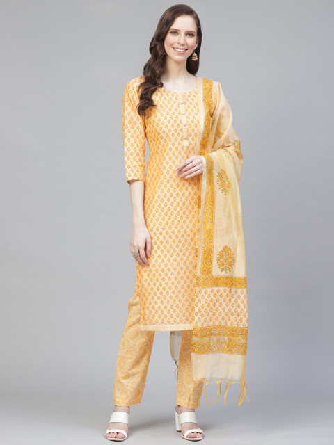 

Readiprint Fashions Yellow Printed Chanderi Unstitched Dress Material