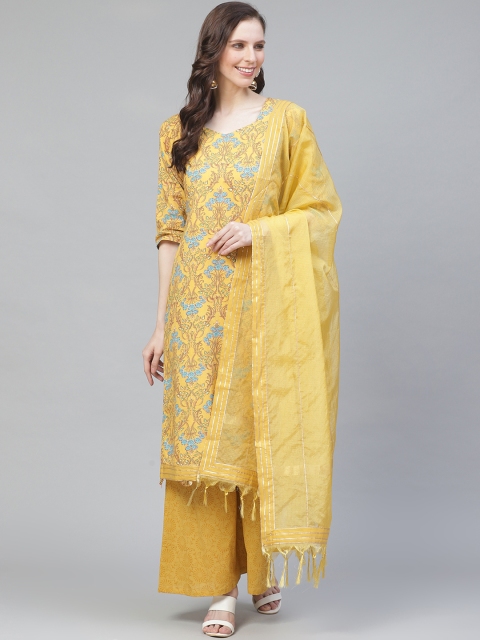 

Readiprint Fashions Mustard Yellow & Blue Printed Unstitched Dress Material