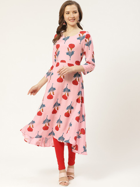 

Aayna Women Pink & Red Block Print Handloom A-Line Kurta
