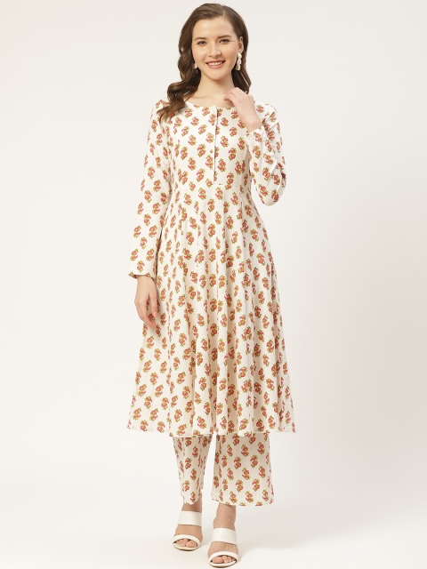 

Aayna Women Off-White & Pink Block Print Handloom Anarkali Kurta