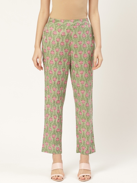 

Aayna Women Green & Pink Tapered Fit Printed Regular Trousers
