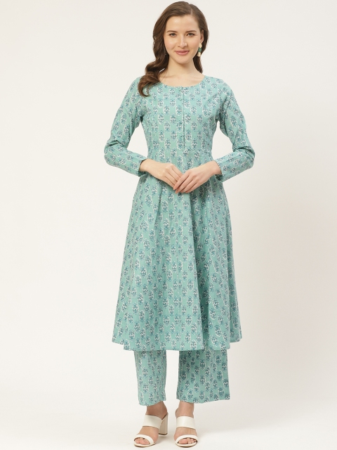 

Aayna Women Sea Green & Blue Handloom Block Print Anarkali Kurta