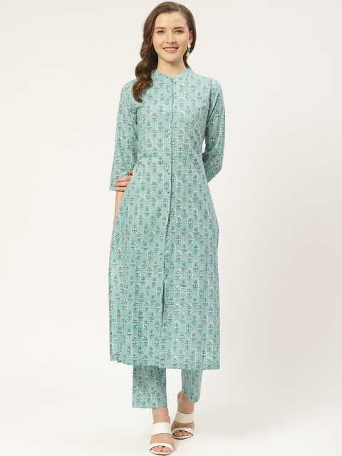 

Aayna Women Sea Green & Blue Handloom Block Print Straight Kurta
