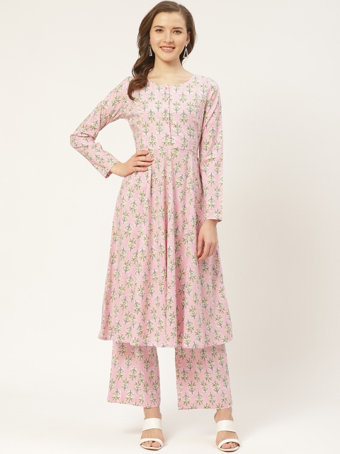 

Aayna Women Pink & Grey Handloom Block Print Anarkali Kurta