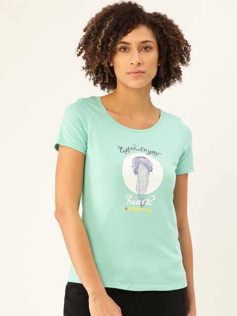 

Undercolors of Benetton Women Mint Green & White Printed Round Neck Lounge T-shirt