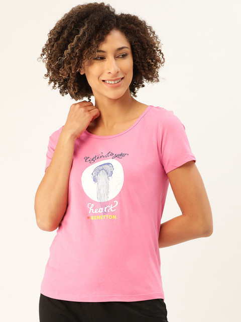 

Undercolors of Benetton Women Pink Printed Round Neck Lounge T-shirt