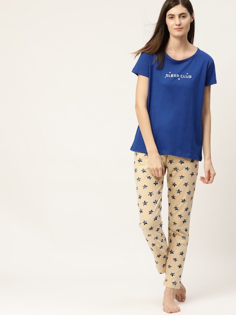 

ETC Women Blue Printed Detail Pure Cotton Lounge T-shirt