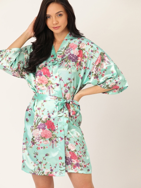 

ETC Women Sea Green & Pink Floral Print Satin Finish Robe with Belt