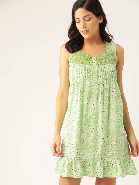 

ETC Sea Green & Brown Printed Pin Tucks Nightdress
