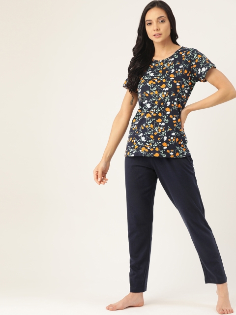 

ETC Women Navy Blue & Mustard Yellow Pure Cotton Floral Print Night suit