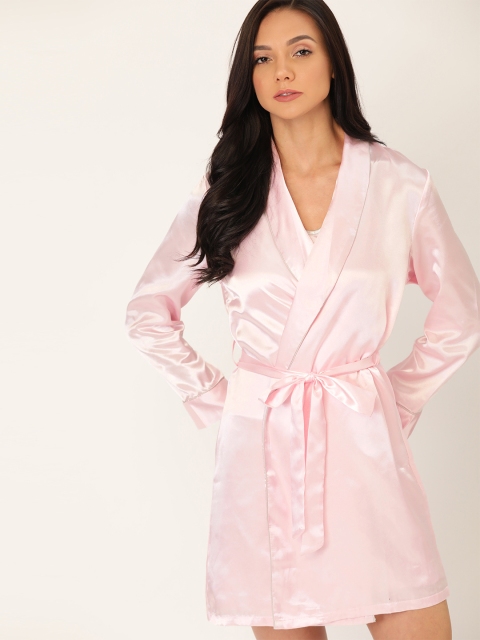 

ETC Pink Solid Satin Finish Babydoll with Bride Embroidered Robe & Belt