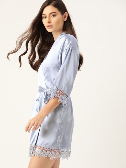 

ETC Women Blue Satin Finish Solid Robe With Lace Detail