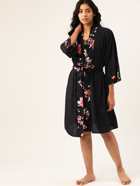 

ETC Women Black & Pink Solid Robe with Matching Slip Dress