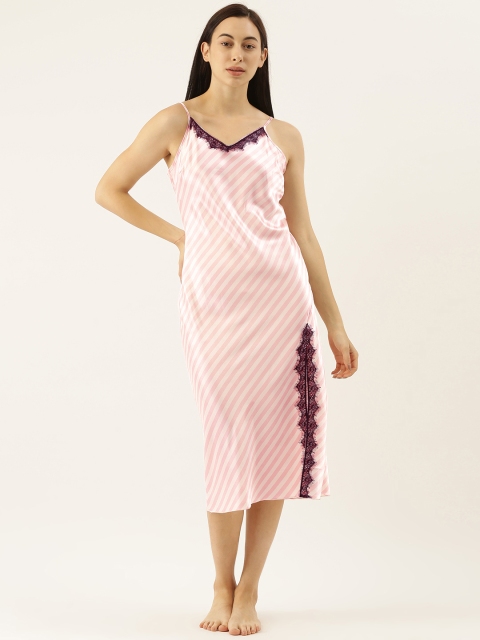 

ETC Women Pink & White Striped Satin Finish Babydoll
