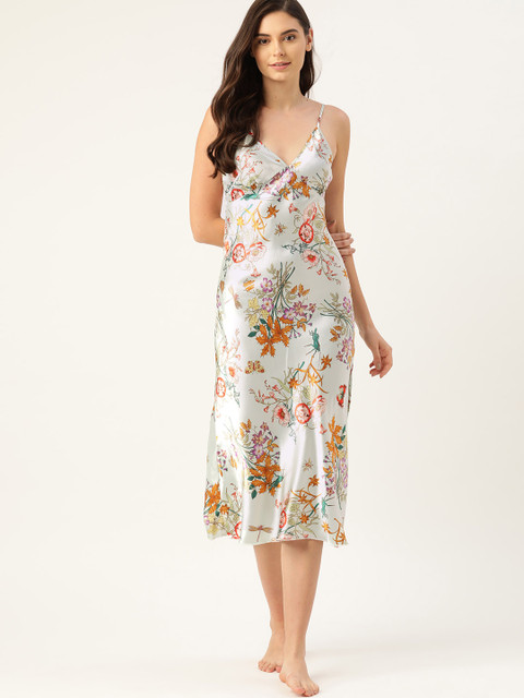 

ETC Women Sea Green & Orange Satin Finish Printed Nightdress