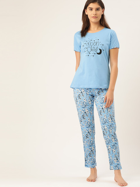 

ETC Women Blue & Black Pure Cotton Printed Night suit