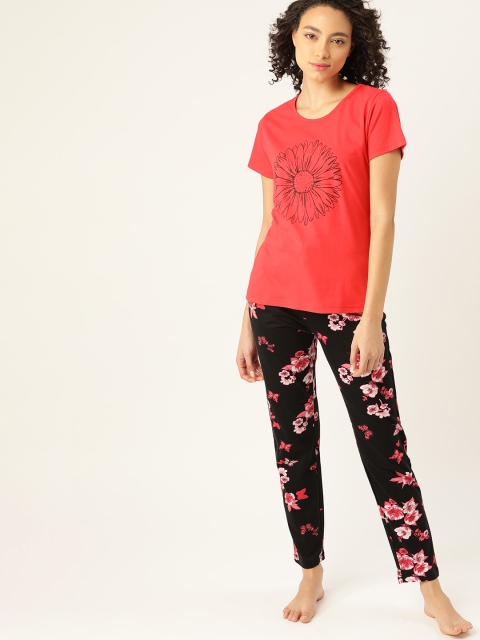 Women Red & Black Pure Cotton Printed Night suit