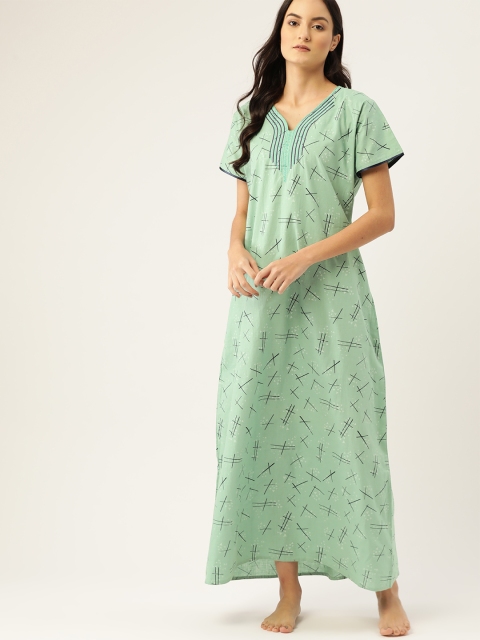 

ETC Green & Navy Blue Abstract Print Pure Cotton Maxi Nightdress