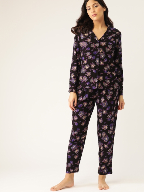

ETC Women Black & Purple Floral Print Night Suit