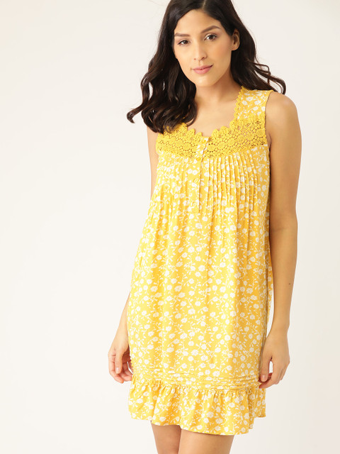 

ETC Mustard Yellow & White Printed Pin tucks Nightdress