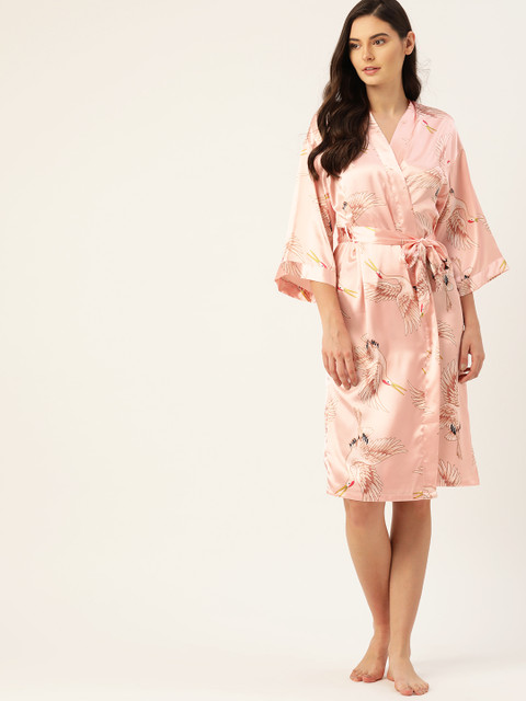 

ETC Women Peach-Coloured & Off-White Satin Finish Printed Robe