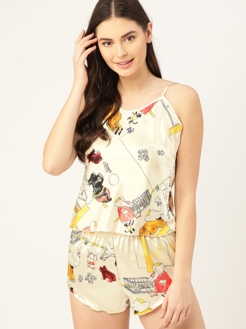 

ETC Women Cream-Coloured & Yellow Printed Satin Finish Night suit