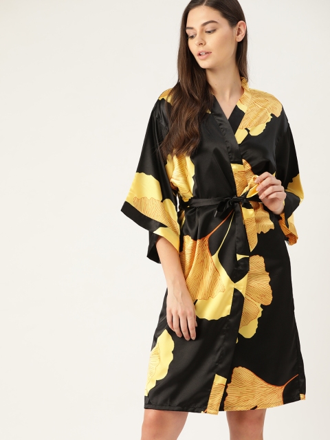

ETC Women Black & Yellow Floral Print Satin Finish Robe with Belt