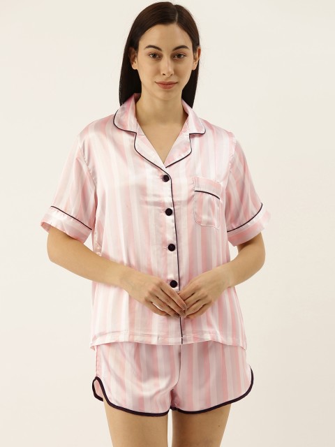 

ETC Women Pink & White Striped Satin Finish Night suit