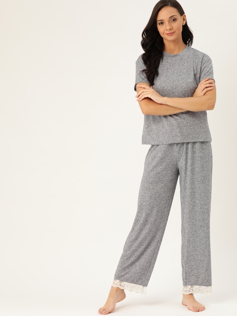 

ETC Women Navy & Grey Melange Solid Nightsuit, Navy blue