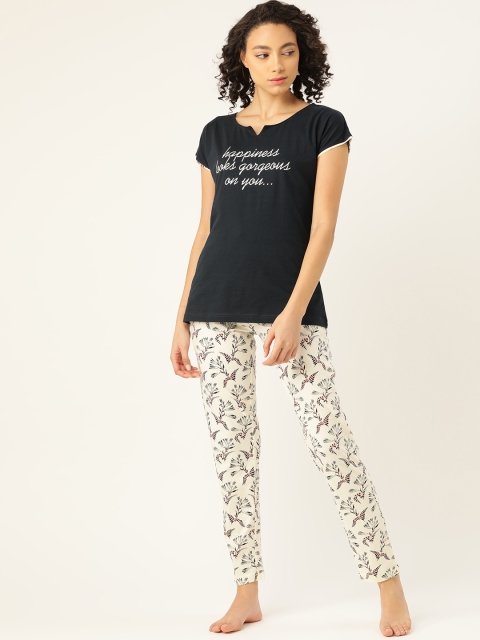 

ETC Women Navy Blue & Cream-Coloured Pure Cotton Printed Night suit
