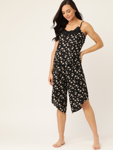 

ETC Women Black & Green Floral Print Night Suit