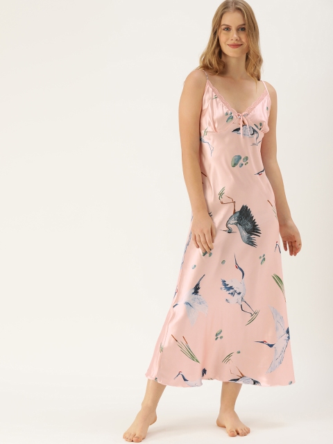 

ETC Pink & Blue Satin Finish Bird Printed Nightdress