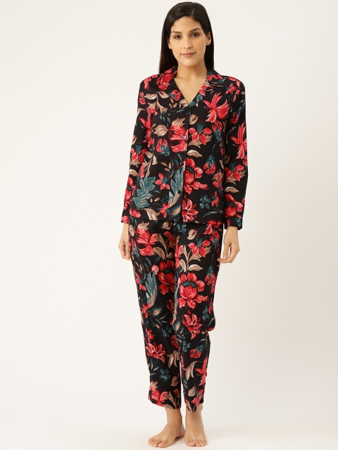 

ETC Women Black & Red Floral Print Night suit