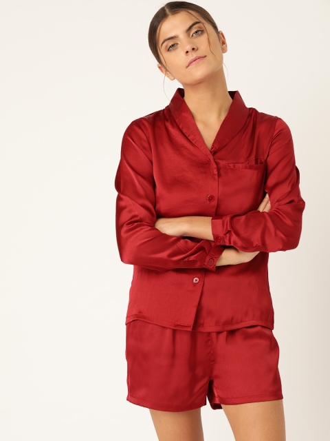 

ETC Women Maroon Solid Satin Finish Night suit