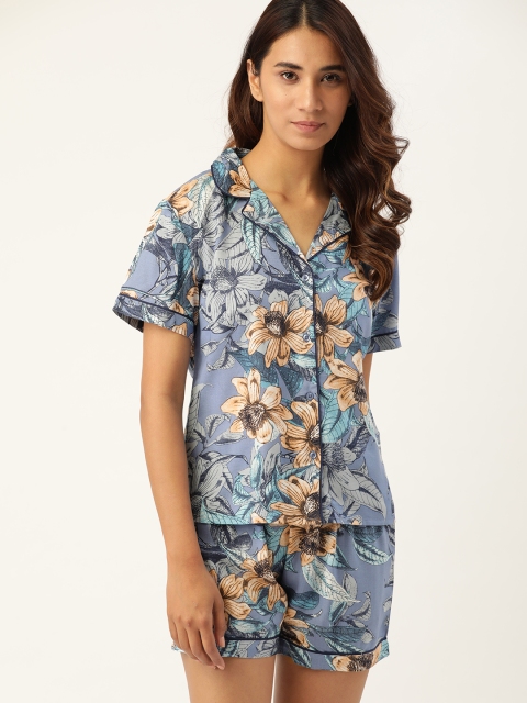 

ETC Women Blue & Peach-Coloured Floral Printed Night Suit