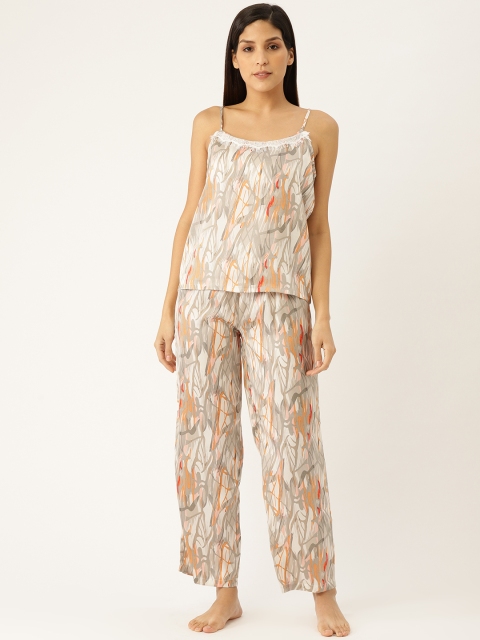

ETC Women White & Grey Abstract Print Night Suit with Lace Inserts