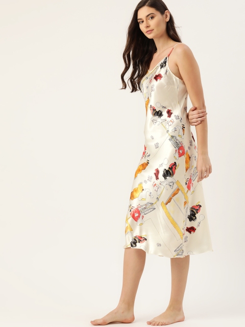 

ETC Off-White & Yellow Satin Finish Cartoon Print Nightdress