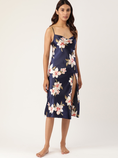 

ETC Navy Blue & Off-White Satin Finish Floral Print Babydoll
