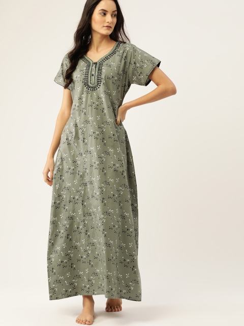 

ETC Green & Navy Blue Floral Printed Pure Cotton Maxi Nightdress