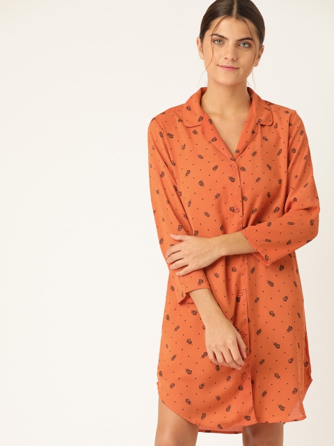 

ETC Women Rust Orange & Black Printed Sleep Shirts