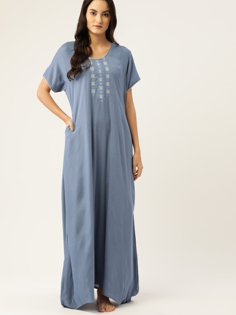 

ETC Blue & White Geometric Embroidered Maxi Nightdress