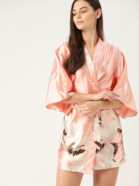 

ETC Women Peach-Coloured & Off-White Swan Print Satin Finish Robe with Belt