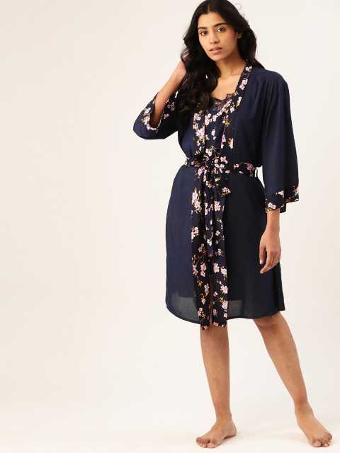 

ETC Women Navy Bluen & Pink Floral Print Robe with Camisole, Navy blue