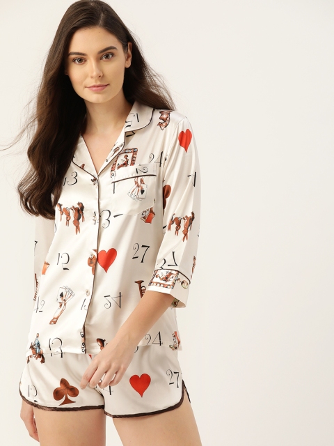 

ETC Women Off-White & Brown Satin Finish Printed Night Suit