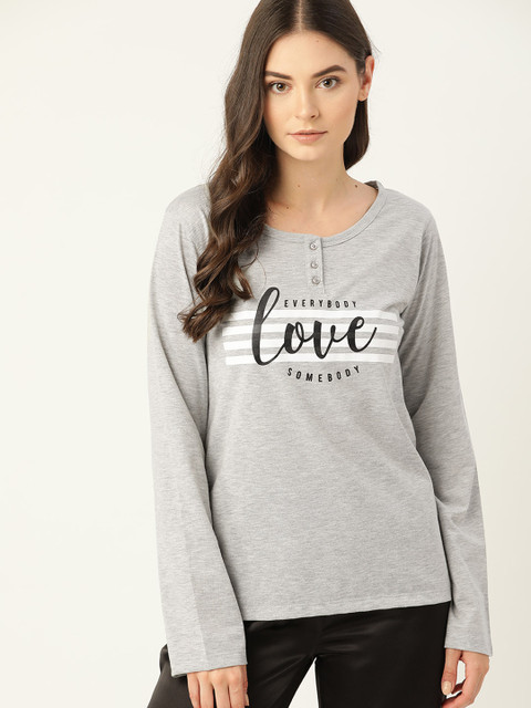 

ETC Women Grey Melange Printed Henley Neck Lounge T-shirt