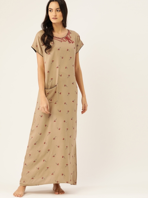 

ETC Beige & Red Floral Printed Slim Fit Nightdress
